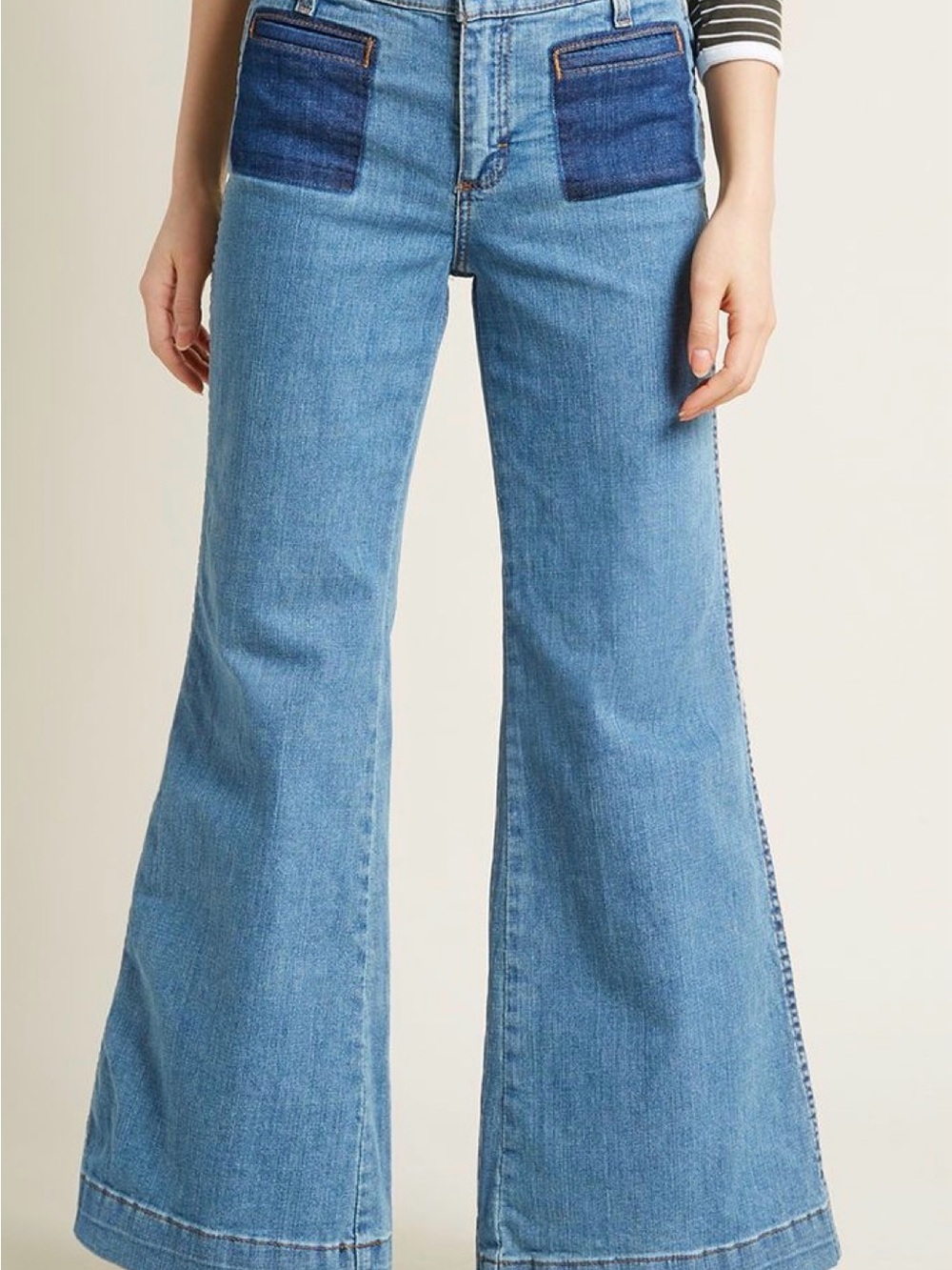 Wrangler by ModCloth Light Blue Flare Jeans with Dark Blue Patch Pockets 18x30